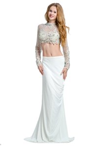 High-neck Long Sleeves Chiffon Juniors Evening Dress Beading and Lace and Appliques Brush Train Backless