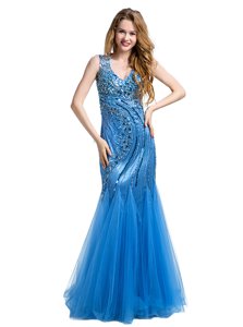 Chic Mermaid V-neck Sleeveless Dress for Prom Floor Length Beading and Appliques Baby Blue Tulle