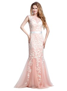 Scoop Cap Sleeves Evening Dress With Brush Train Lace and Appliques Pink Tulle