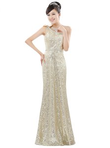 Trendy One Shoulder Sequined Sleeveless Floor Length and Beading and Sequins