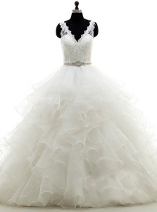 Adorable Sleeveless Brush Train Backless With Train Beading and Lace and Ruffles Wedding Dresses