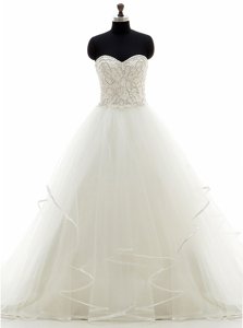 Sleeveless With Train Beading and Ruffles Lace Up Wedding Gown with White Brush Train