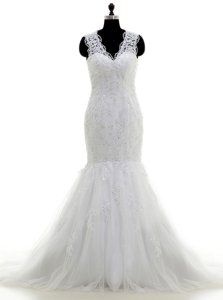 White Mermaid Tulle V-neck Sleeveless Beading and Lace and Appliques With Train Clasp Handle Wedding Gown Brush Train