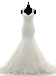 White Mermaid Lace V-neck Cap Sleeves Lace and Appliques With Train Side Zipper Wedding Dress Brush Train