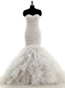 Attractive Mermaid Sleeveless Brush Train Lace and Ruffles Lace Up Wedding Dresses