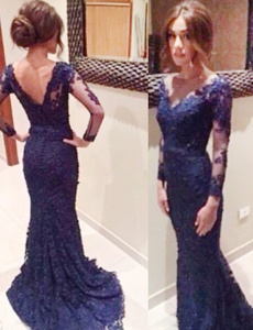 Mermaid Backless Navy Blue Dress Like A Star Lace Court Train Long Sleeves Lace