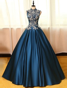 Floor Length A-line Sleeveless Navy Blue Prom Evening Gown Backless