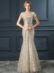 Mermaid Scoop Cap Sleeves Sequined Floor Length Zipper Prom Gown in Champagne for with Sequins and Belt