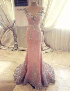 Rose Pink Mermaid Satin Sweetheart Cap Sleeves Beading and Appliques With Train Clasp Handle Womens Party Dresses Watteau Train