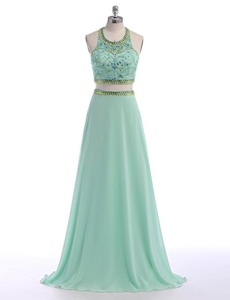 Charming Scoop Criss Cross With Train Apple Green Prom Dresses Chiffon Sweep Train Sleeveless Beading