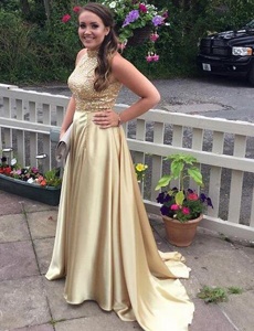 Gold Evening Dress Prom and Party and For with Sequins High-neck Sleeveless Brush Train Zipper