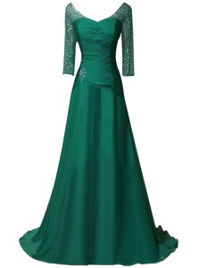 Green Prom Evening Gown Prom and Wedding Party and For with Beading and Ruching V-neck Long Sleeves Sweep Train Zipper