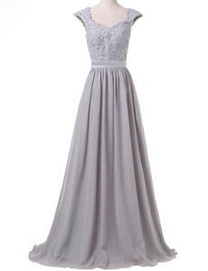 Pleated Scoop Cap Sleeves Lace Up Evening Dress Grey Chiffon