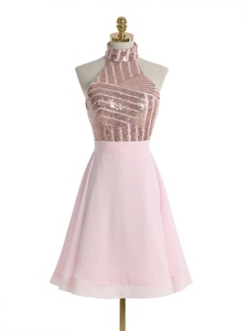 Fashionable Backless Halter Top Sleeveless Cocktail Dress Knee Length Sequins Baby Pink Chiffon