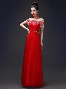 Stunning Off The Shoulder Sleeveless Prom Party Dress Floor Length Beading Red Tulle and Lace