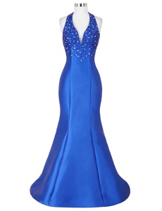 Mermaid Halter Top Royal Blue Sleeveless Floor Length Beading Lace Up Homecoming Dress