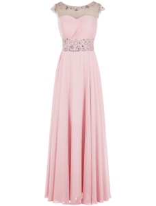 Floor Length Baby Pink Evening Dress Scoop Sleeveless Zipper