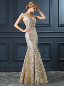 Delicate Mermaid Champagne Sequined Zipper V-neck Sleeveless Floor Length Prom Gown Sequins