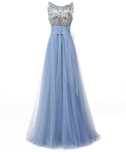 Custom Designed A-line Dress for Prom Blue Scoop Tulle Sleeveless Floor Length Backless