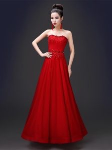 Glorious Red Lace Up Formal Evening Gowns Beading and Appliques Sleeveless Floor Length