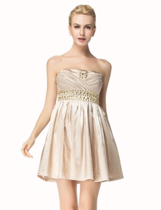 Champagne Side Zipper Strapless Beading and Pleated Club Wear Satin Sleeveless