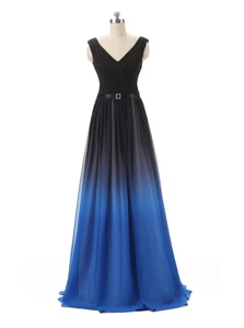 Luxurious Floor Length Blue And Black Homecoming Dress V-neck Sleeveless Zipper