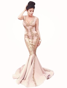 Pretty Mermaid Peach Zipper Scoop Beading Prom Gown Satin Sleeveless Brush Train