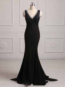 Smart Mermaid With Train Backless Prom Evening Gown Black and In for Prom and Party with Beading Brush Train