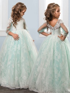 Clasp Handle Scoop 3|4 Length Sleeve Girls Pageant Dresses Floor Length Lace Apple Green Lace