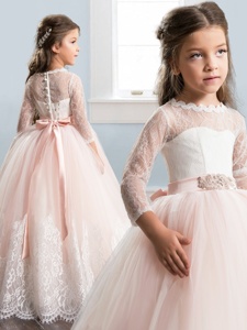 Elegant Scoop 3|4 Length Sleeve Little Girl Pageant Gowns Floor Length Lace and Bowknot Baby Pink Tulle