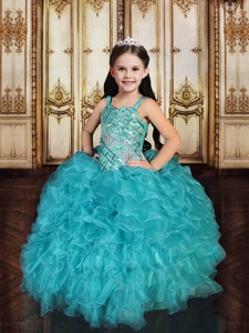 Attractive Teal Tulle Lace Up Straps Sleeveless Floor Length Teens Party Dress Beading and Ruffles and Sequins