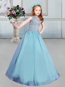 Blue Organza Lace Up Bateau Sleeveless Floor Length Party Dress for Toddlers Beading