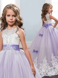 Popular Tulle Scoop Sleeveless Brush Train Lace Up Beading and Appliques and Bowknot Kids Pageant Dress in Lavender