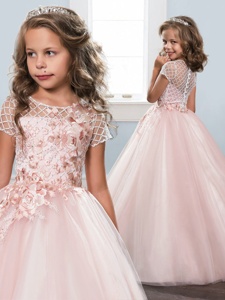 Tulle Scoop Short Sleeves Clasp Handle Lace and Appliques Kids Formal Wear in Baby Pink