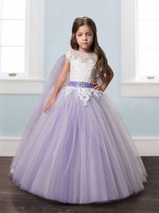Scoop Ball Gowns Short Sleeves Lavender Little Girl Pageant Dress Watteau Train Zipper