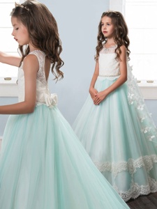 Affordable Scoop Backless Apple Green Sleeveless Brush Train Beading and Lace and Appliques and Bowknot Kids Formal Wear
