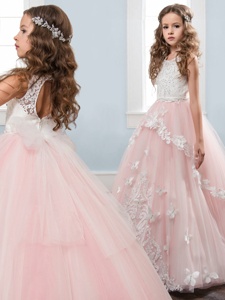 Dazzling Ball Gowns Kids Formal Wear Baby Pink Scoop Tulle Sleeveless Floor Length Zipper