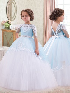 Best Tulle Bateau Sleeveless Lace Up Appliques and Sashes|ribbons Custom Made in White and Blue