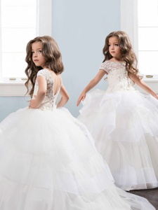 Scoop White Short Sleeves Lace and Ruffled Layers and Hand Made Flower Backless Kids Formal Wear