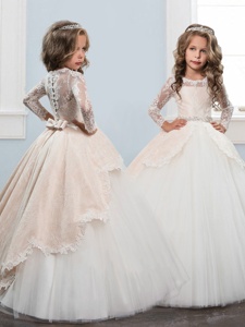 Luxurious Scoop Floor Length Ball Gowns Long Sleeves White and Champagne Little Girl Pageant Dress Clasp Handle
