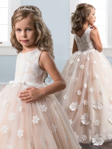 Affordable Scoop Champagne Sleeveless Floor Length Hand Made Flower Zipper Little Girl Pageant Dress
