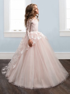 Custom Designed Scoop Long Sleeves Brush Train Zipper Child Pageant Dress Baby Pink Tulle
