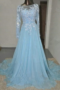 Low Price Long Sleeves Court Train Appliques and Belt Zipper Homecoming Dress