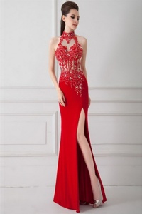 Red Column/Sheath High-neck Sleeveless Silk Like Satin Floor Length Zipper Beading and Appliques Prom Evening Gown