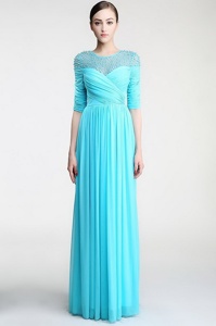 Scoop Beading and Ruching Prom Dresses Aqua Blue Zipper Sleeveless Floor Length