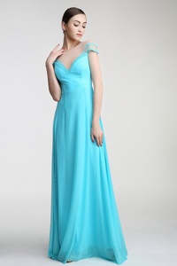 Fine Scoop Aqua Blue Chiffon Zipper Prom Evening Gown Short Sleeves Floor Length Appliques and Bowknot