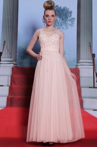 Scoop Sleeveless Chiffon Floor Length Side Zipper Homecoming Dress in Baby Pink for with Lace