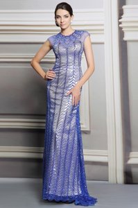 Unique Sequins Empire Prom Evening Gown Blue Scoop Satin Sleeveless Floor Length Backless