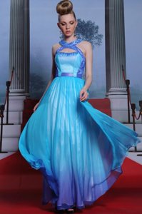 Beautiful Scoop Sleeveless Zipper Prom Party Dress Blue Chiffon