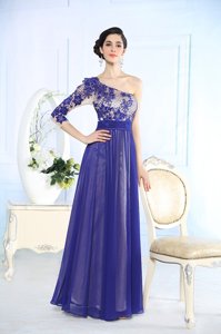 New Style Blue Homecoming Dress Prom and Party and For with Beading and Appliques One Shoulder Long Sleeves Side Zipper